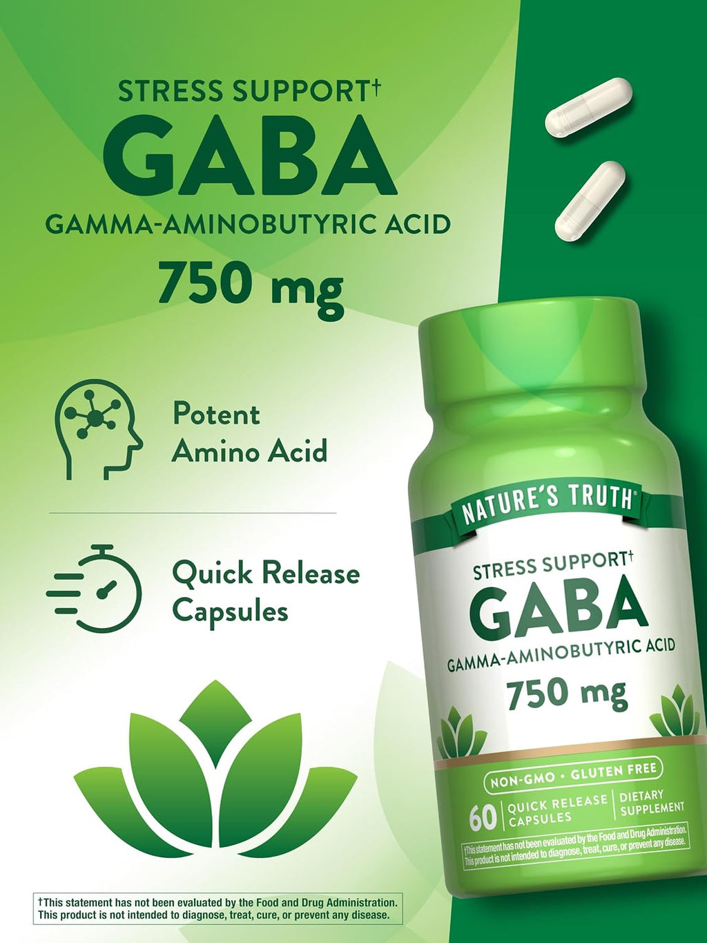 Nature's Truth GABA 750mg – 60 Cápsulas de Ácido Gamma-Aminobutírico