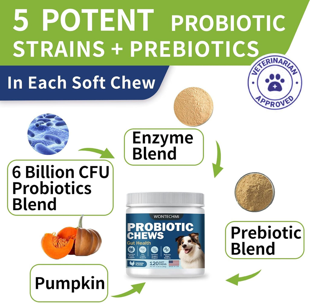 Probióticos para Perros - Salud Digestiva, Piel e Inmunidad - Masticables de Pollo (120 chews)
