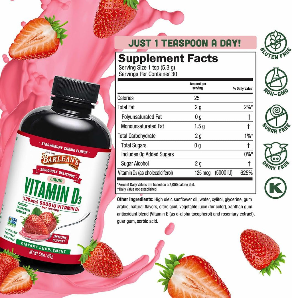 Barlean's Vitamina D3 Líquida 5000 UI Sabor Batido de Fresa, Pack de 2