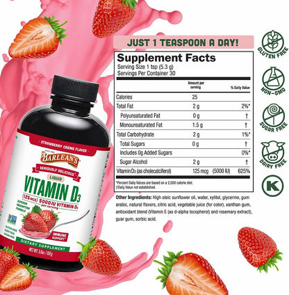Barlean's Vitamina D3 Líquida 5000 UI Sabor – Absorción de calcio y fósforo: La vitamina D contribuye a la – Image 1