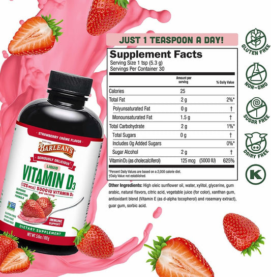 Barlean's Vitamina D3 Líquida 5000 UI Sabor Batido de Fresa, Pack de 2