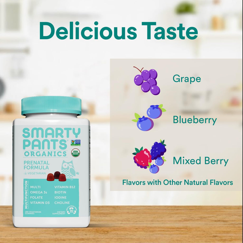 SmartyPants Vitaminas Prenatales Orgánicas, Gominolas Multivitamínicas: Biotina, Metilfolato, Omega 3 (ALA), Vitamina D3, C, B12, B6, A, K2 y Zinc, Colina, Vegetariano, 180 unidades (45 días)