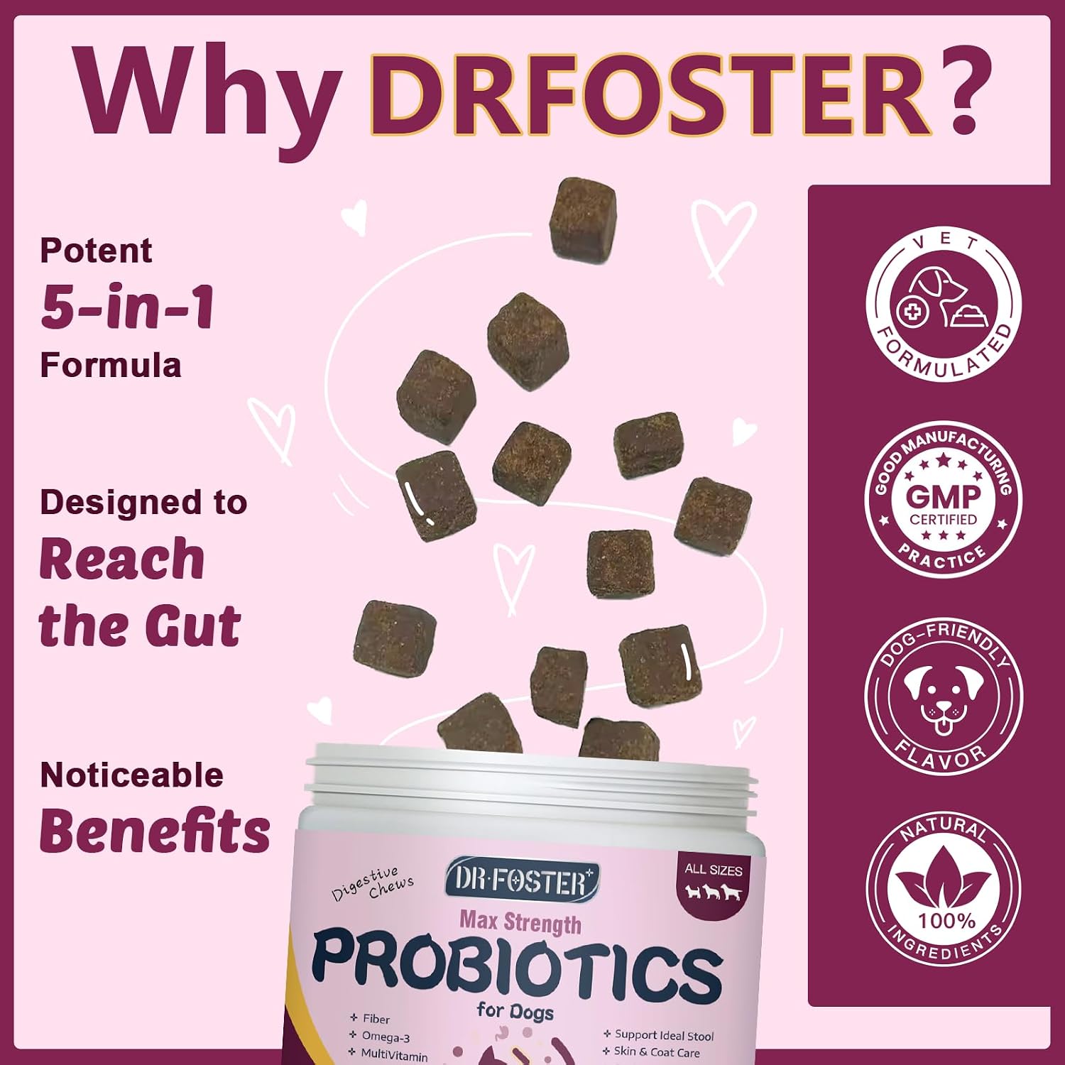 Probióticos para Perros con 6 Mil Millones UFC, Prebióticos y Enzimas Digestivas, Calabaza y Omega-3, 120 Masticables Suaves