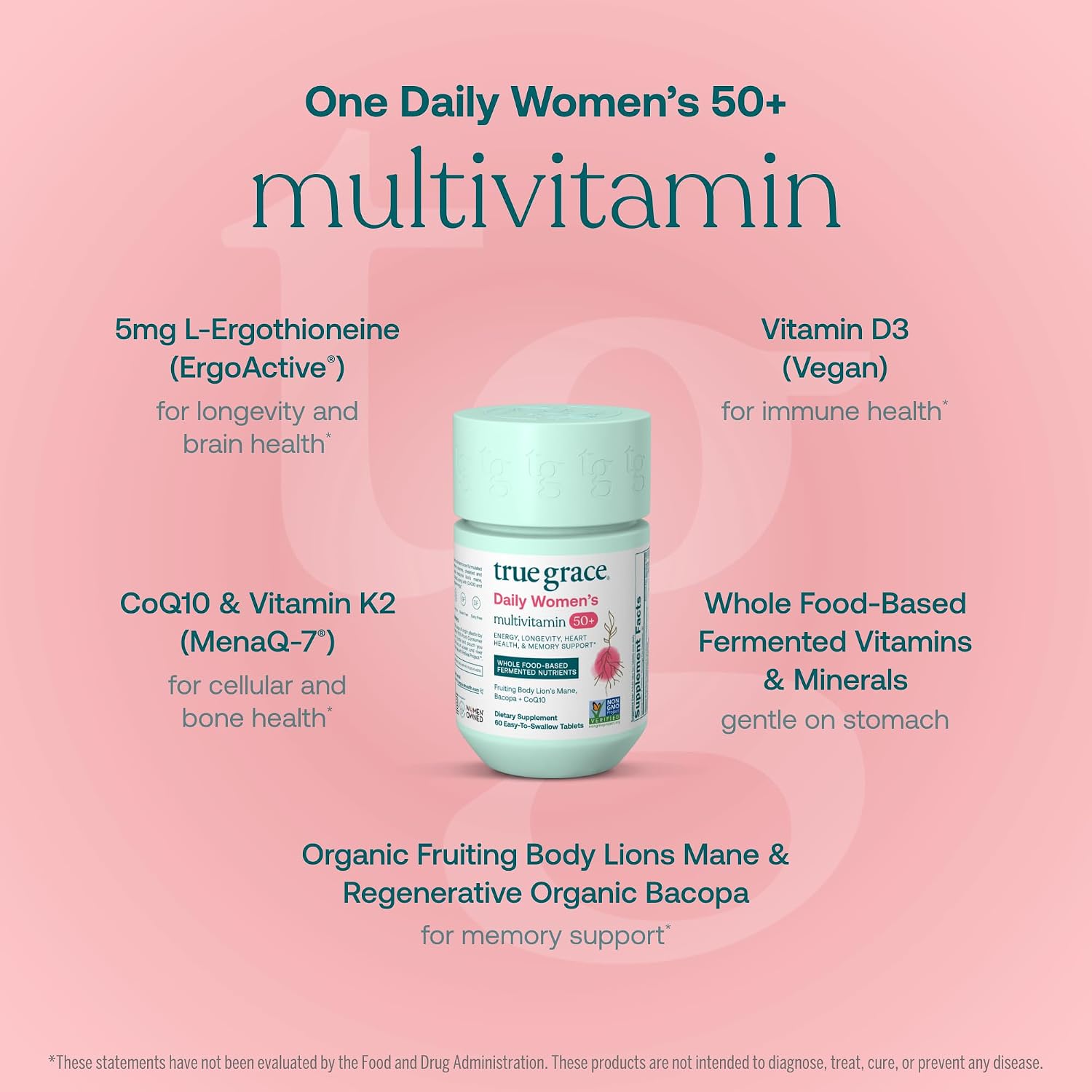 True Grace Multivitamínico Diario Mujeres 50+ - 60 Comprimidos - Vegano, Sin Gluten Ni Soja