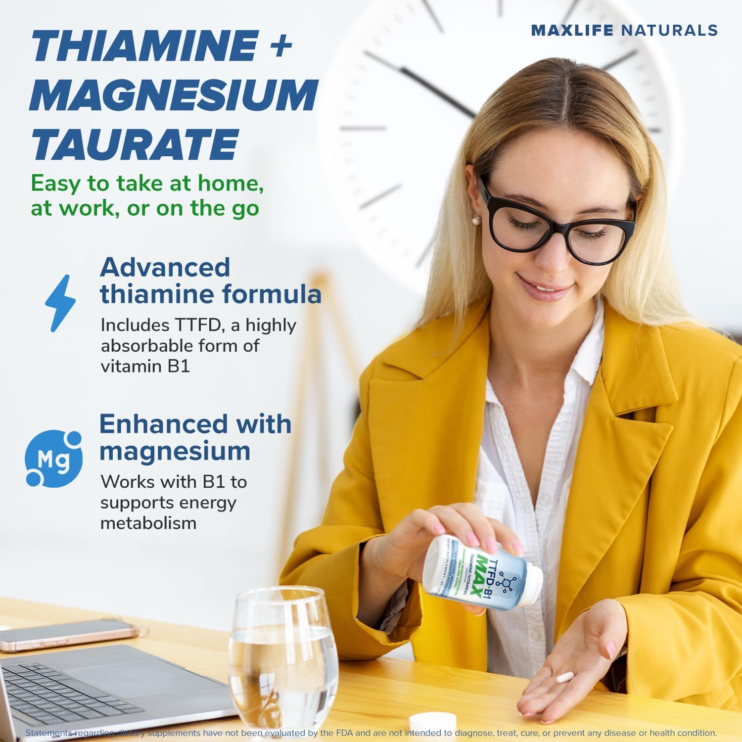 MAXLIFE NATURALS TTFD Tiamina B1 100 mg con Magnesio - 60 Cápsulas