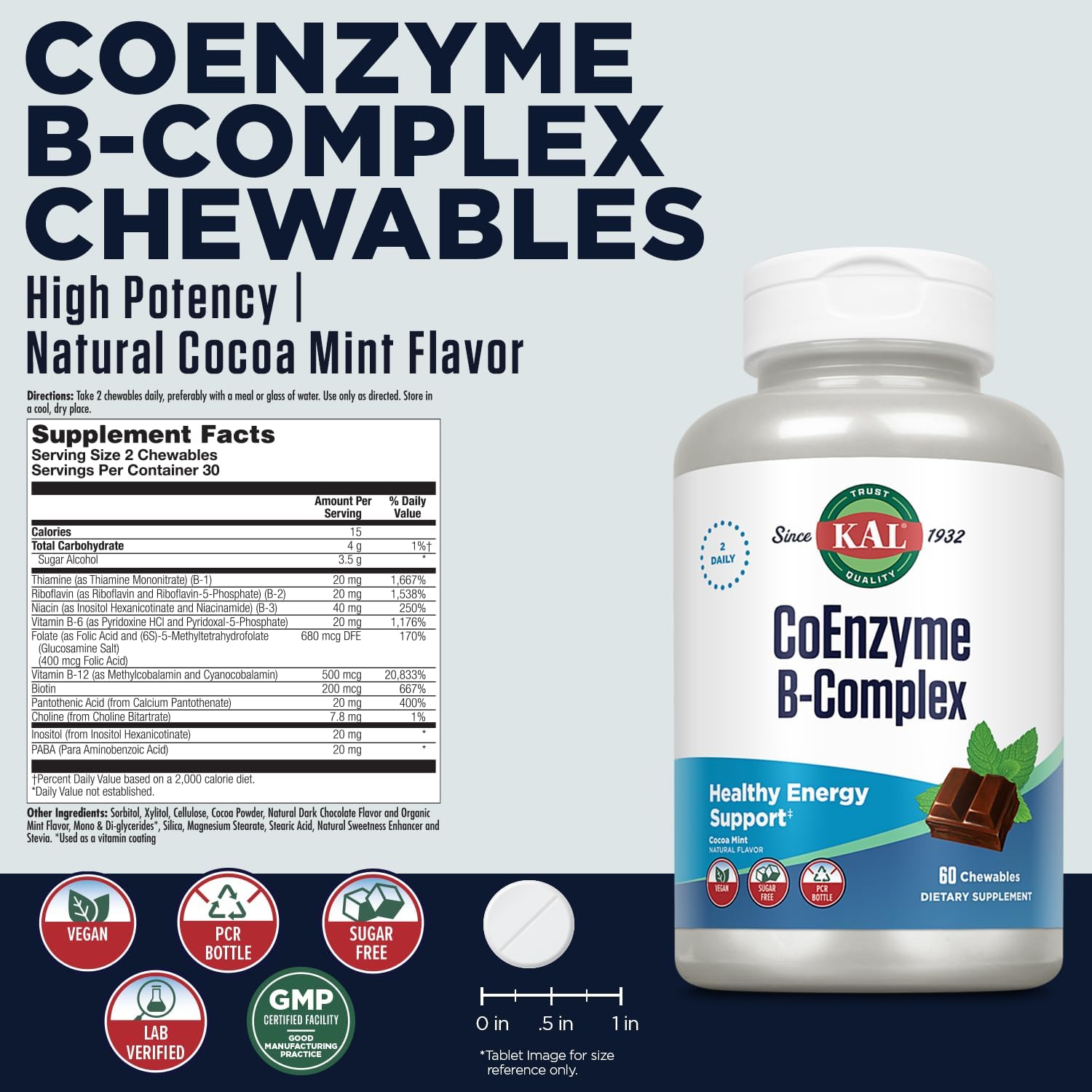 KAL CoEnzyme B Complex, Complejo B Masticable - 60 Comprimidos