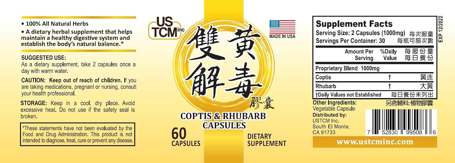 Coptis Rhubarb Capsules - 60 Cápsulas Vegetales - 500mg - USTCM