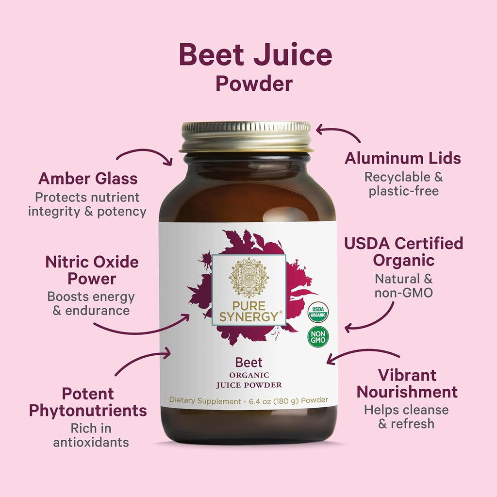 PURE SYNERGY Polvo de Zumo de Remolacha Orgánico | Suplemento Pre-Entrenamiento | para Circulación Saludable, Ejercicio y Desintoxicación (181 g)