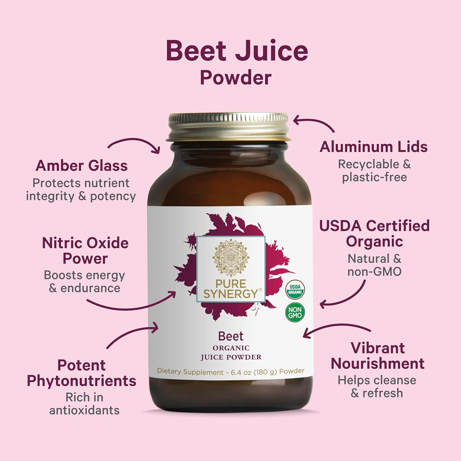 PURE SYNERGY Polvo de Zumo de Remolacha Orgánico | Suplemento Pre-Entrenamiento | para Circulación Saludable, Ejercicio y Desintoxicación (181 g)