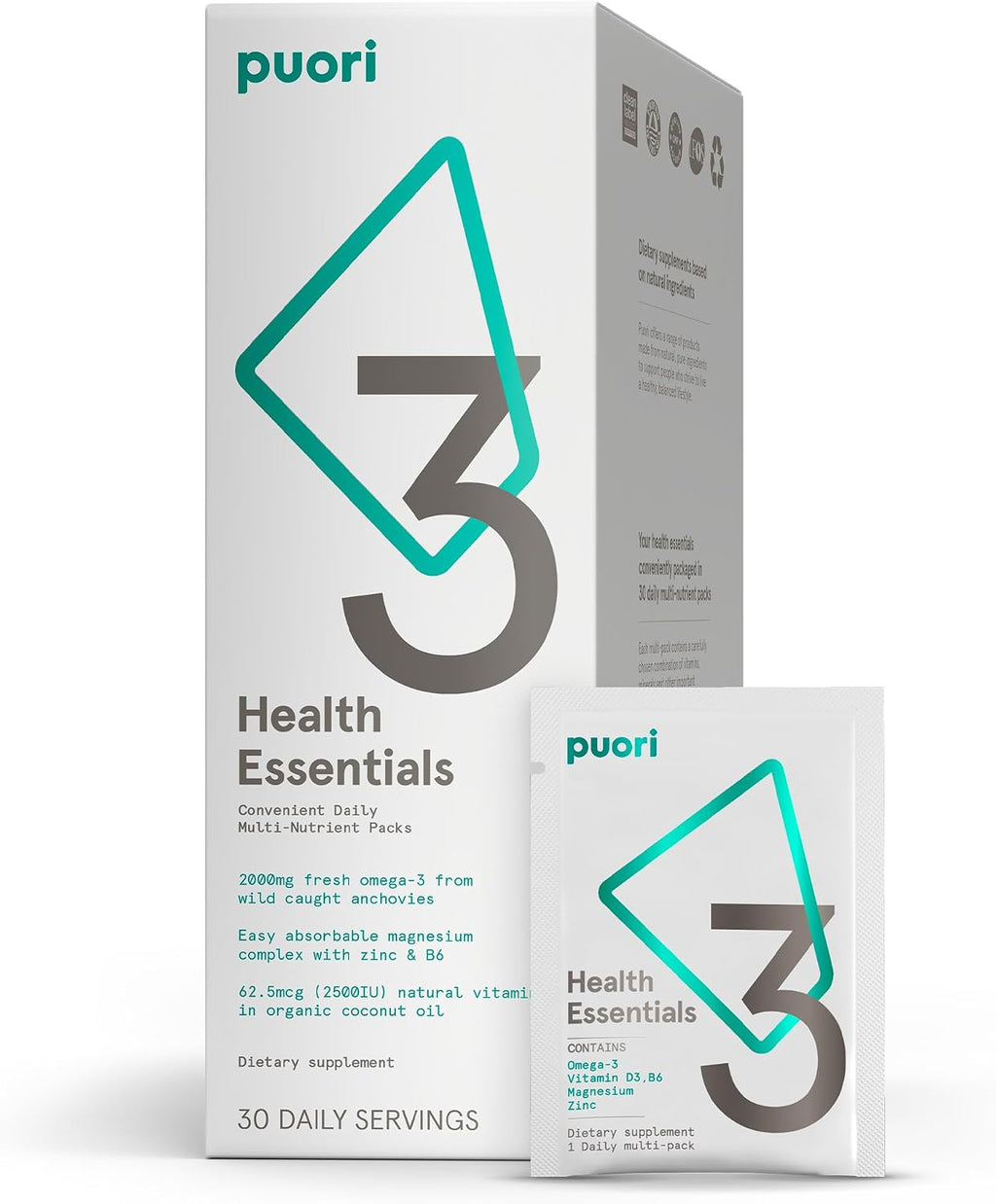 Puori P3 Health Essentials: Complejo de Magnesio, Zinc, Omega 3 y Vitamina D3 - Multivitamínico Diario para Hombres y Mujeres - 30 Sobres