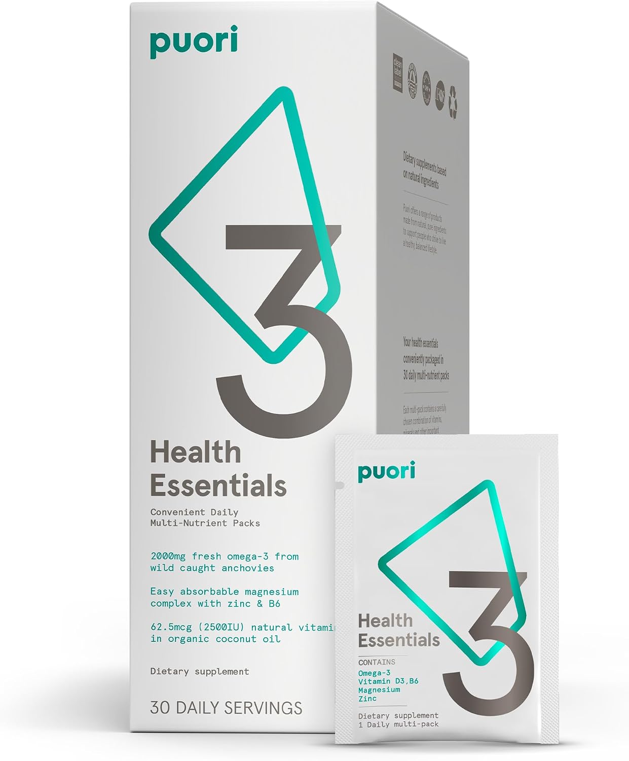 Puori P3 Health Essentials: Complejo de Magnesio, Zinc, Omega 3 y Vitamina D3 - Multivitamínico Diario para Hombres y Mujeres - 30 Sobres