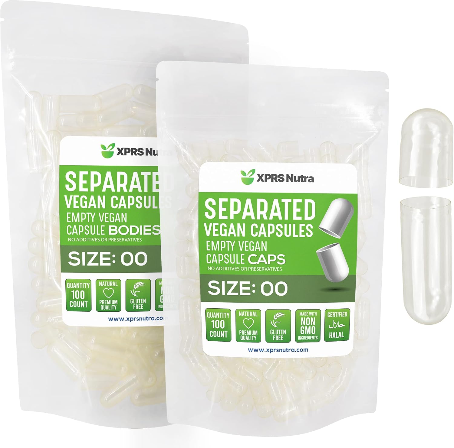 XPRS Nutra Cápsulas Veganas Tamaño 00 Separadas - 100 uds - Cápsulas Vacías Premium para Rellenar Suplementos
