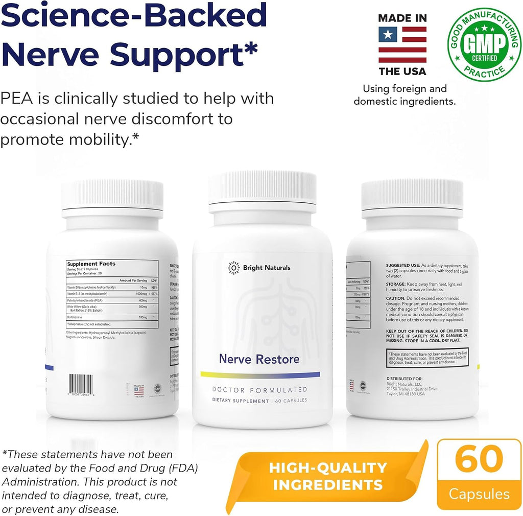 Nerve Restore - Suplemento para el Soporte Nervioso con PEA, Corteza de Sauce Blanco y Complejo de Vitaminas B - 180 Cápsulas