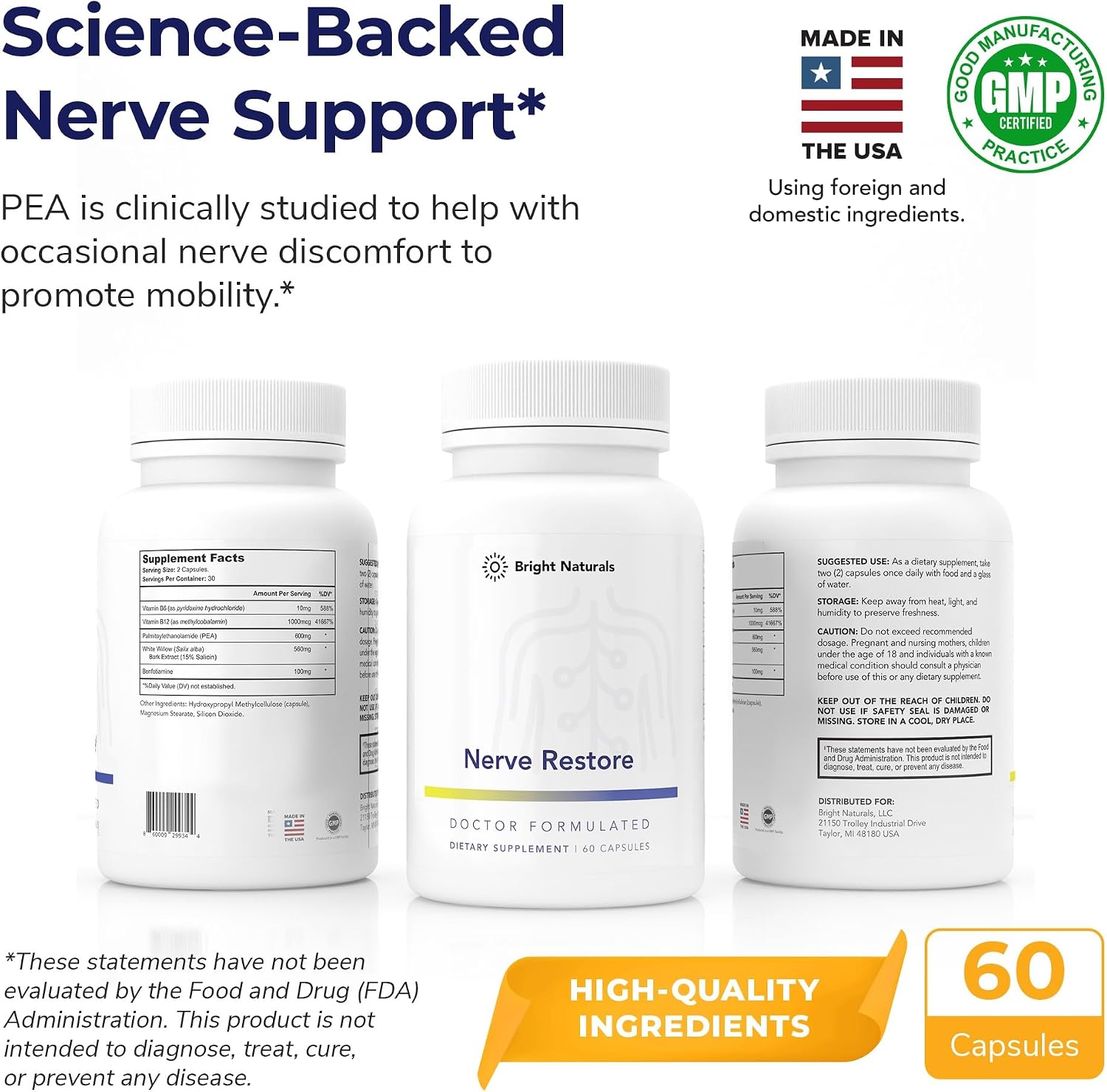 Nerve Restore - Suplemento para el Soporte Nervioso con PEA, Corteza de Sauce Blanco y Complejo de Vitaminas B - 180 Cápsulas