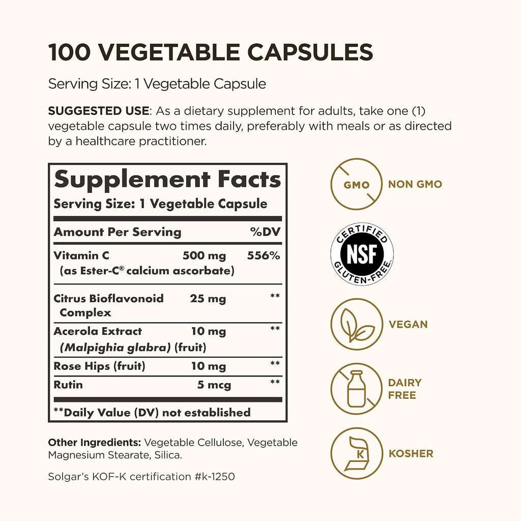 Solgar Ester-C Plus 500 mg Vitamin C (Ascorbate Complex), 100 Vegetable Capsules - Gentle and Non-Acidic