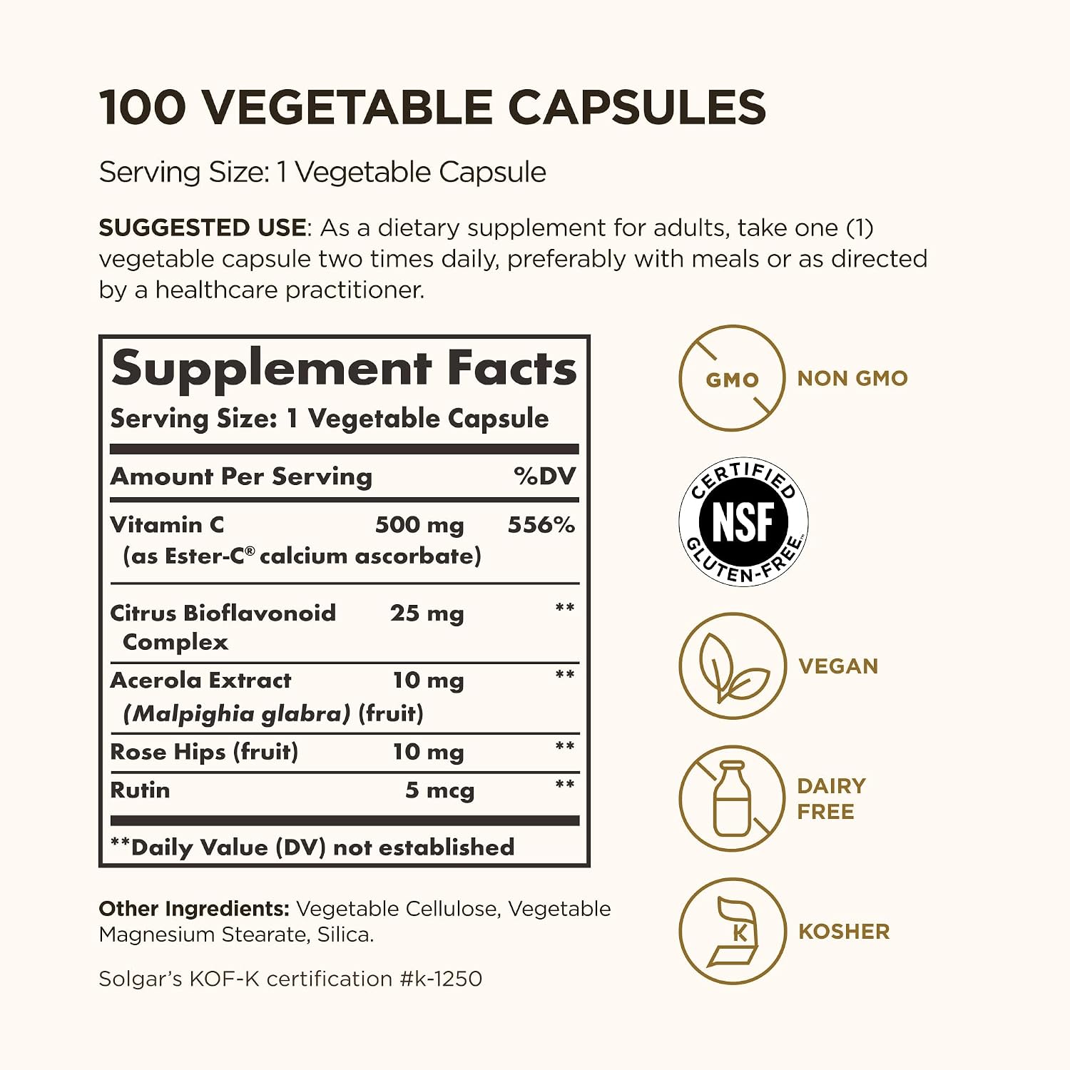 Solgar Ester-C Plus 500 mg Vitamin C (Ascorbate Complex), 100 Vegetable Capsules - Gentle and Non-Acidic