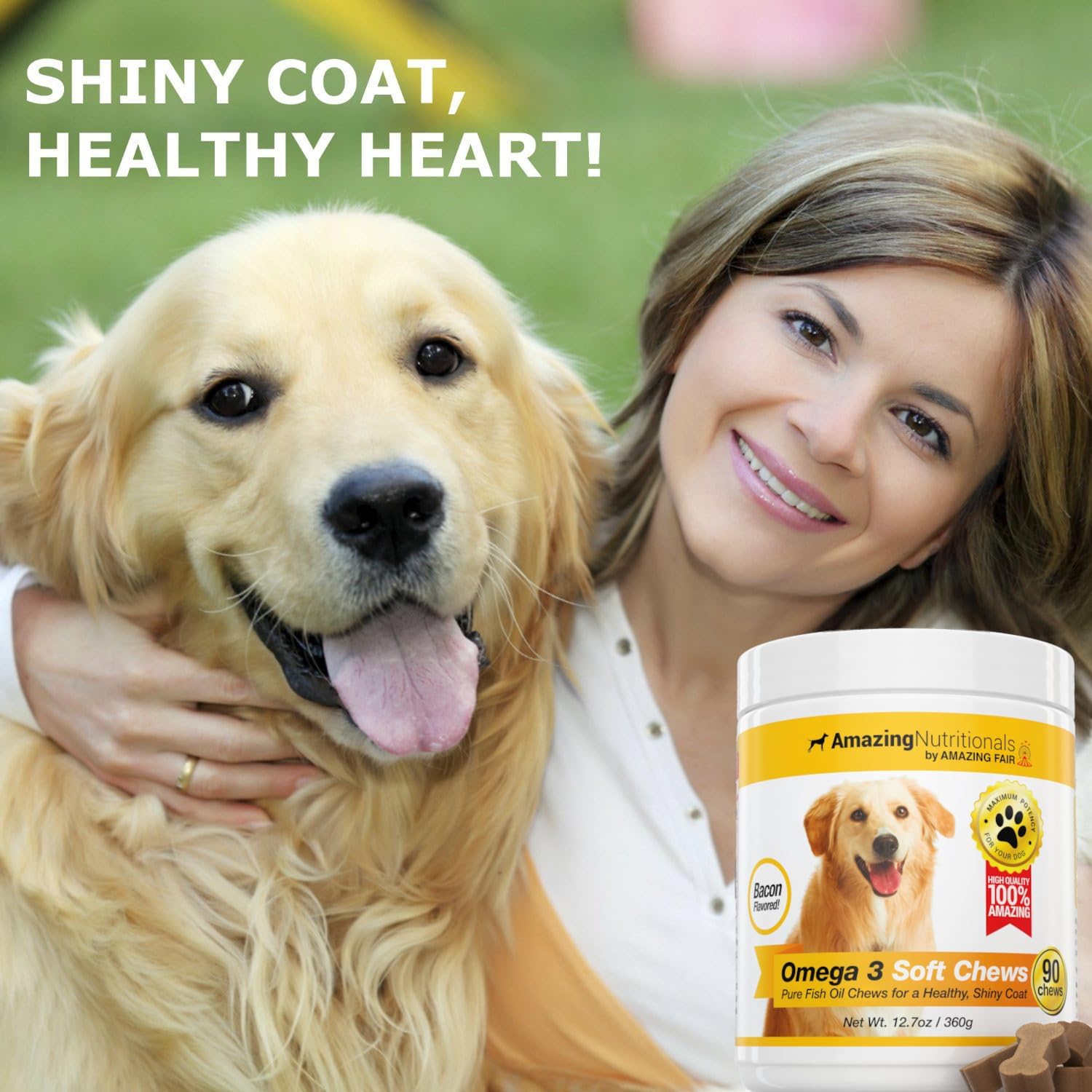 Amazing Omega 3 para Perros - 90 Masticables Blandos sabor Bacon - Apoyo para Piel, Pelaje y Articulaciones