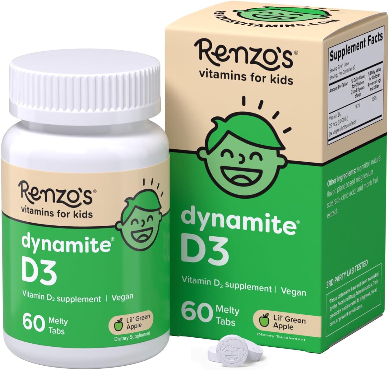 Renzo's Dynamite D3: Vitamina D3 para niños, 60 comprimidos disolventes sin azúcar sabor manzana verde