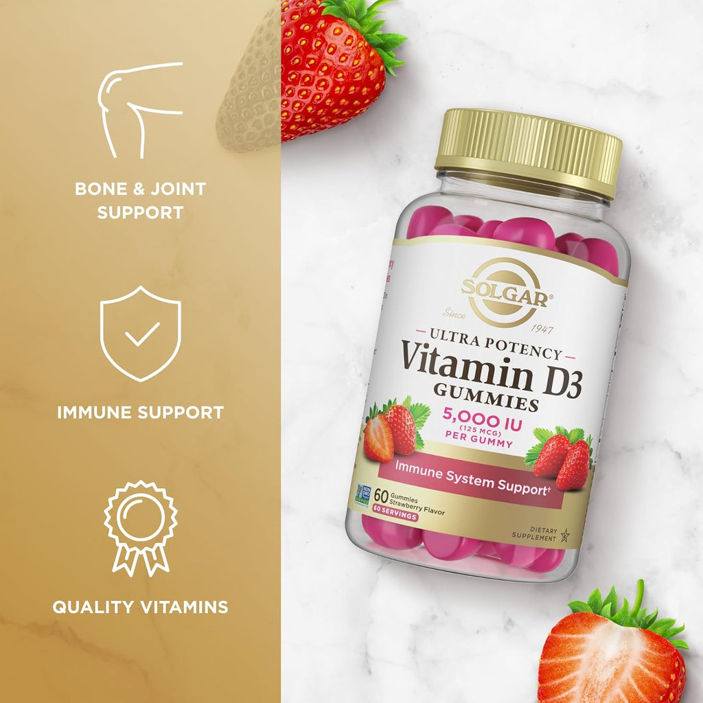 Solgar Vitamin D3 Gominolas para Adultos 5000 UI - Sabor Fresa - 60 Gominolas