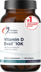 Designs for Health D-Evail 10K - 10.000 UI Vitamina D3 con K1, K2 (MK-4) y GG - 60 Cápsulas Blandas