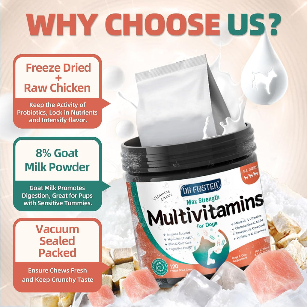Multivitamínico para perros con glucosamina, omega 3, minerales, probióticos y enzimas - 120 masticables sabor pollo