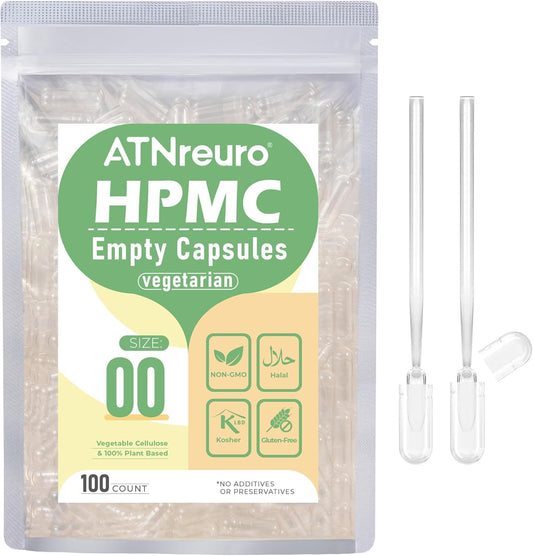 ATNreuro Cápsulas Vacías Veganas Tamaño 00 con 2 Micro Cucharas - 100 Unidades
