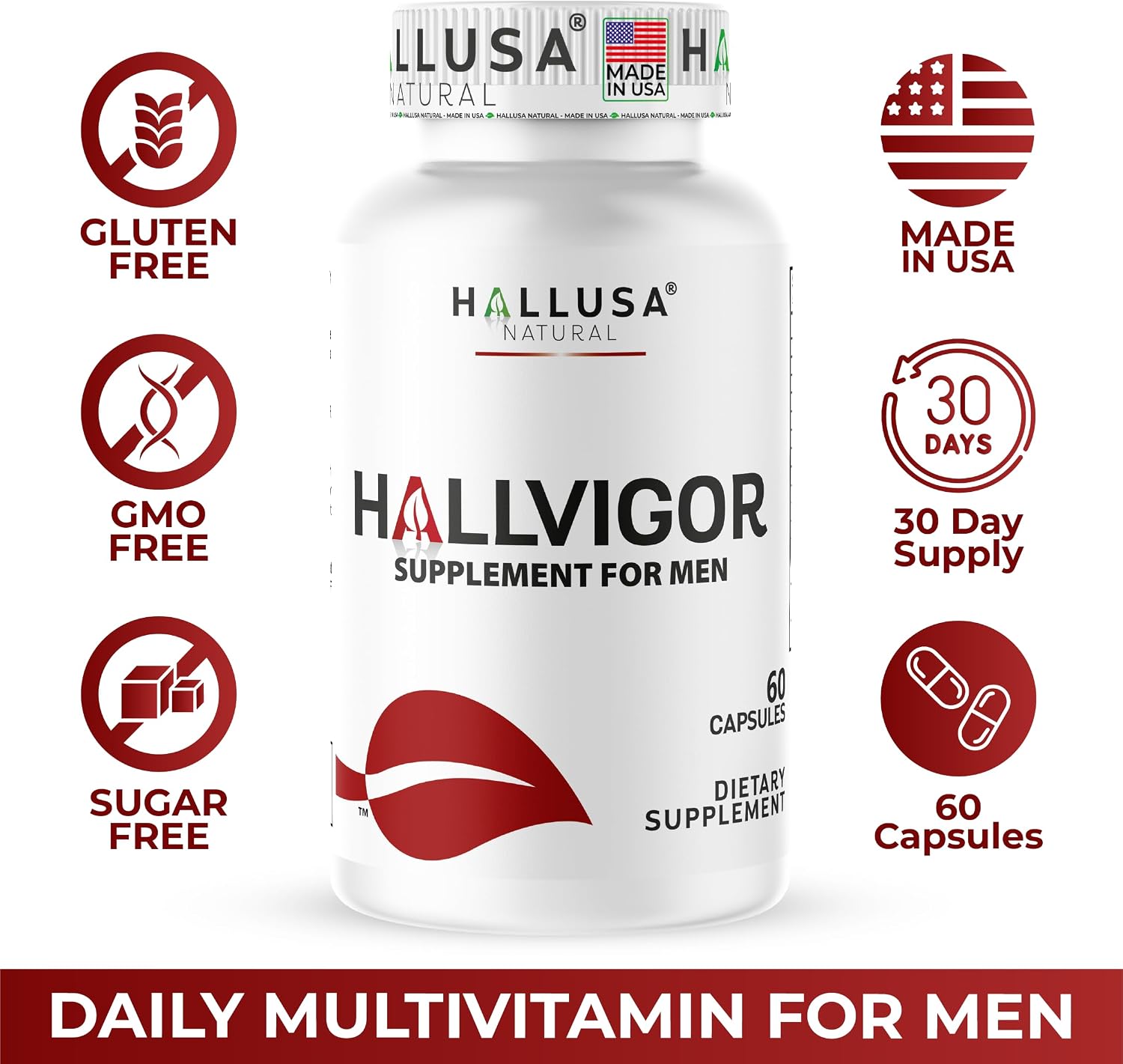 Hallusa Natural HALLVIGOR Multivitamínico Diario para Hombres – Ginseng Coreano, Damiana, Saw Palmetto, Biotina, Complejo B, Zinc, Jalea Real – 60 Cápsulas
