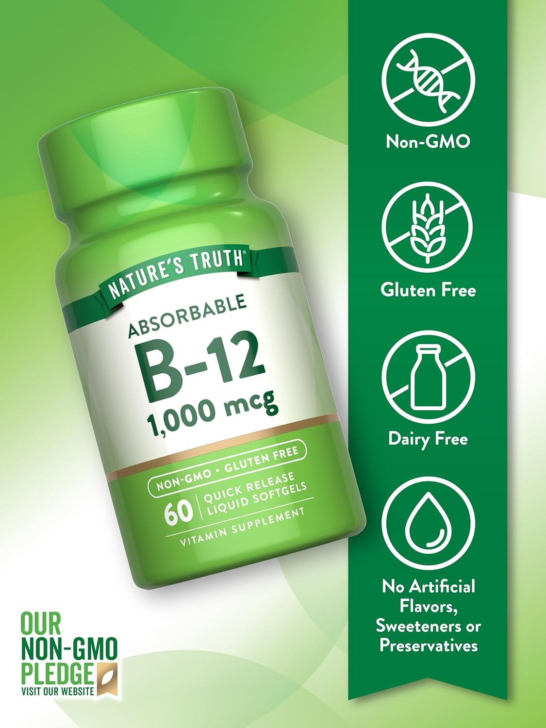 Nature's Truth Vitamina B12 1000 mcg - 60 Cápsulas Blandas de Liberación Rápida - Sin Gluten y No-GMO
