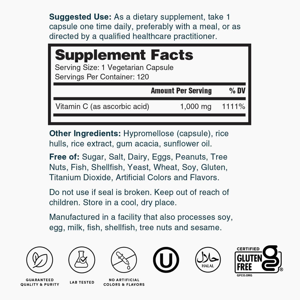 Nature's Lab Vitamina C 1000 mg, 120 cápsulas vegetarianas