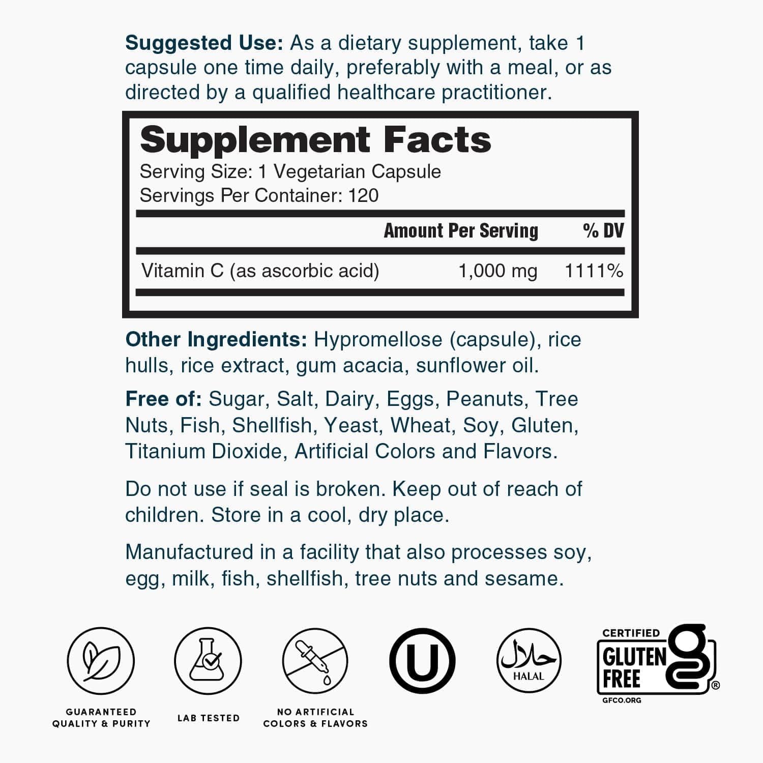 Nature's Lab Vitamina C 1000 mg, 120 cápsulas vegetarianas