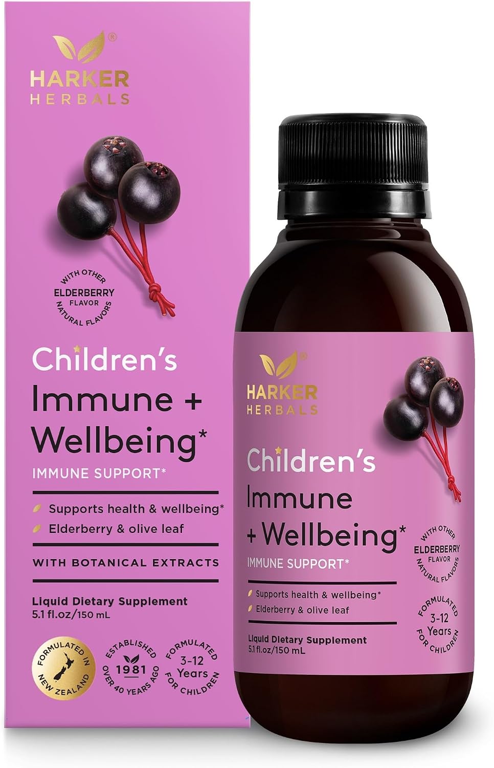 Children's Immune + Wellbeing Herbal Syrup - Jarabe Herbal para Defensas Infantiles con Saúco, Equinácea y Olivo - Sabor a Saúco - 150 ml (30 dosis)