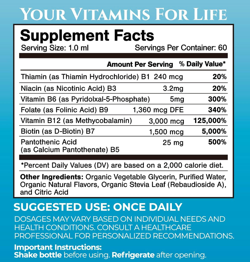 Superdose Complex B Orgánico en Gotas Líquidas - 125,000% DV Vitamina B12, B6, Biotina, Niacina, Folato - Energía, Salud Cerebral, Soporte Inmunológico - USDA Orgánico, Vegano, Sin OMG | 60 Porciones, 2 Meses