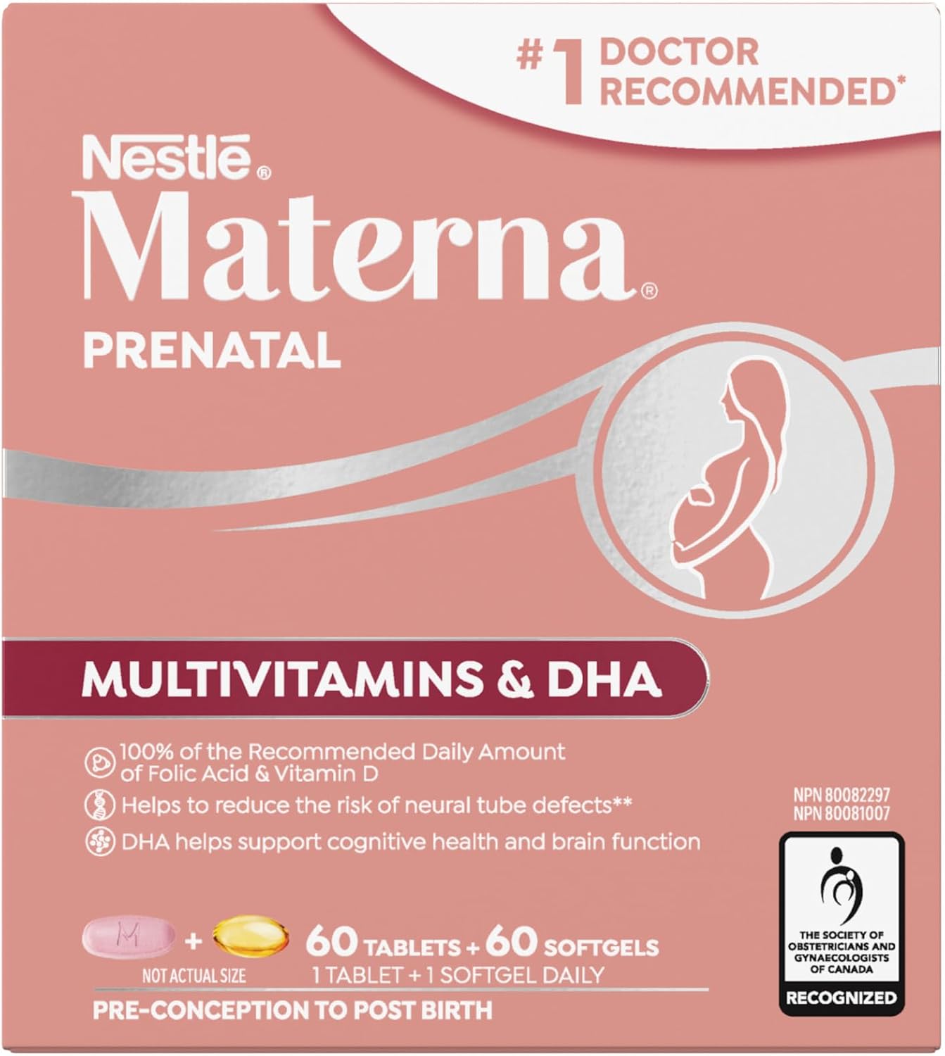 NESTLÉ Materna Multivitamínico Prenatal con DHA y Ácido Fólico - 60 Comprimidos + 60 Perlas