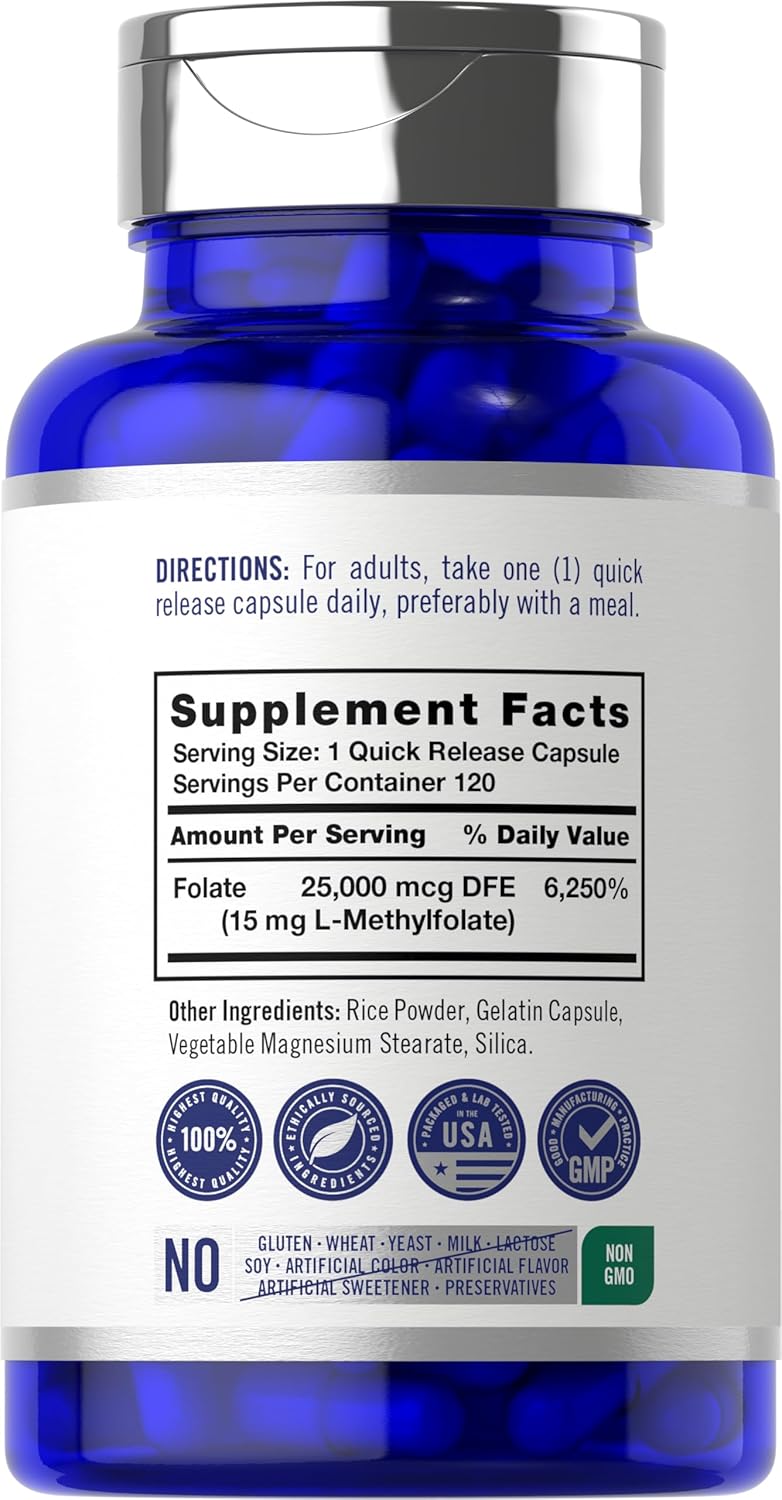 Carlyle L-Metilfolato 15 mg | 120 Cápsulas | Máxima Potencia | Optimizado y Activado | No GMO, Sin Gluten