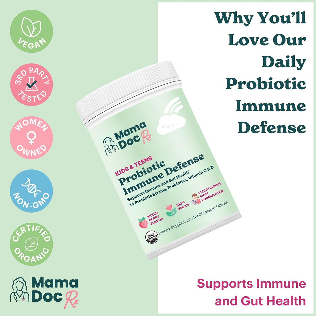 MamaDoc Rx Probiótico Orgánico para Niños y Adolescentes - Defensa Inmune - 5 mil millones de UFC - Sin Azúcar, Vegano, Sin Gluten - 14 Cepas Probióticas, Prebióticos, Vitamina C y D - 30 Comprimidos Masticables