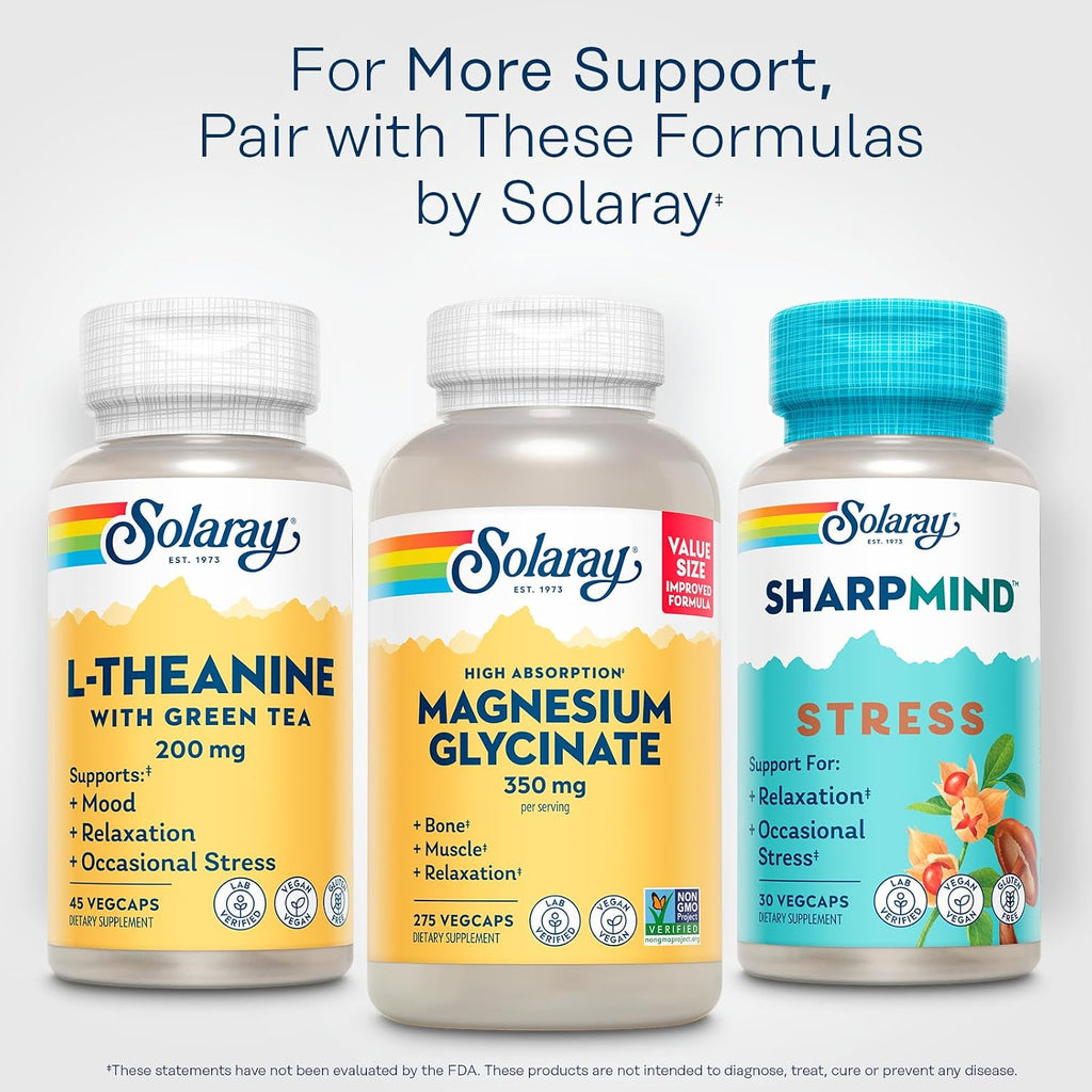 SOLARAY L-Theanine 200mg with Green Tea – Mood, Relaxation & Occasional Stress Support – 45 Vegan Capsules