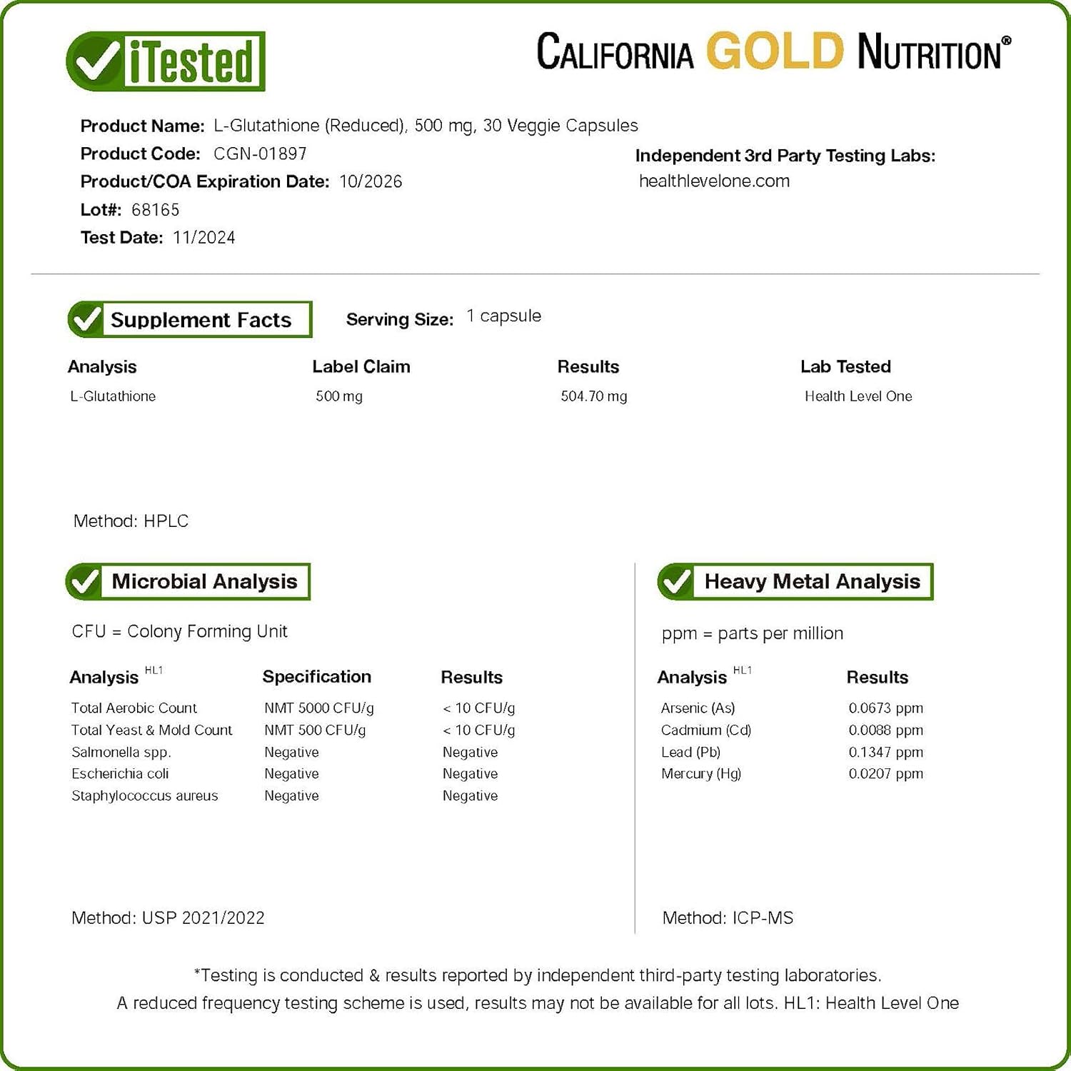 California Gold Nutrition L-Glutathione (Reduced), 500 mg, 30 Cápsulas Veganas