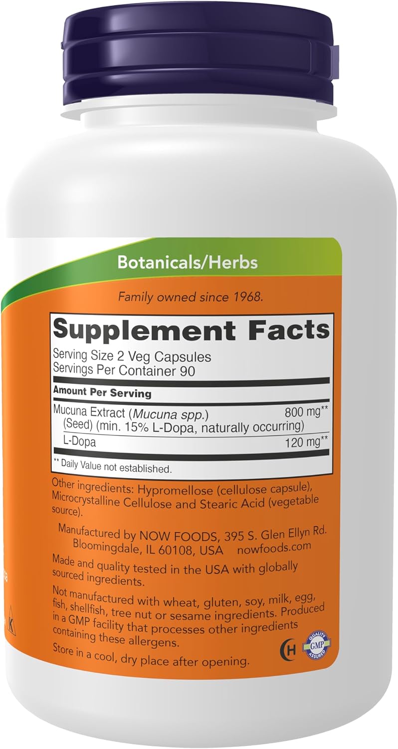 NOW Foods DOPA Mucuna, Extracto Estandarizado de Mucuna con L-Dopa (15% natural), 180 Cápsulas Vegetales