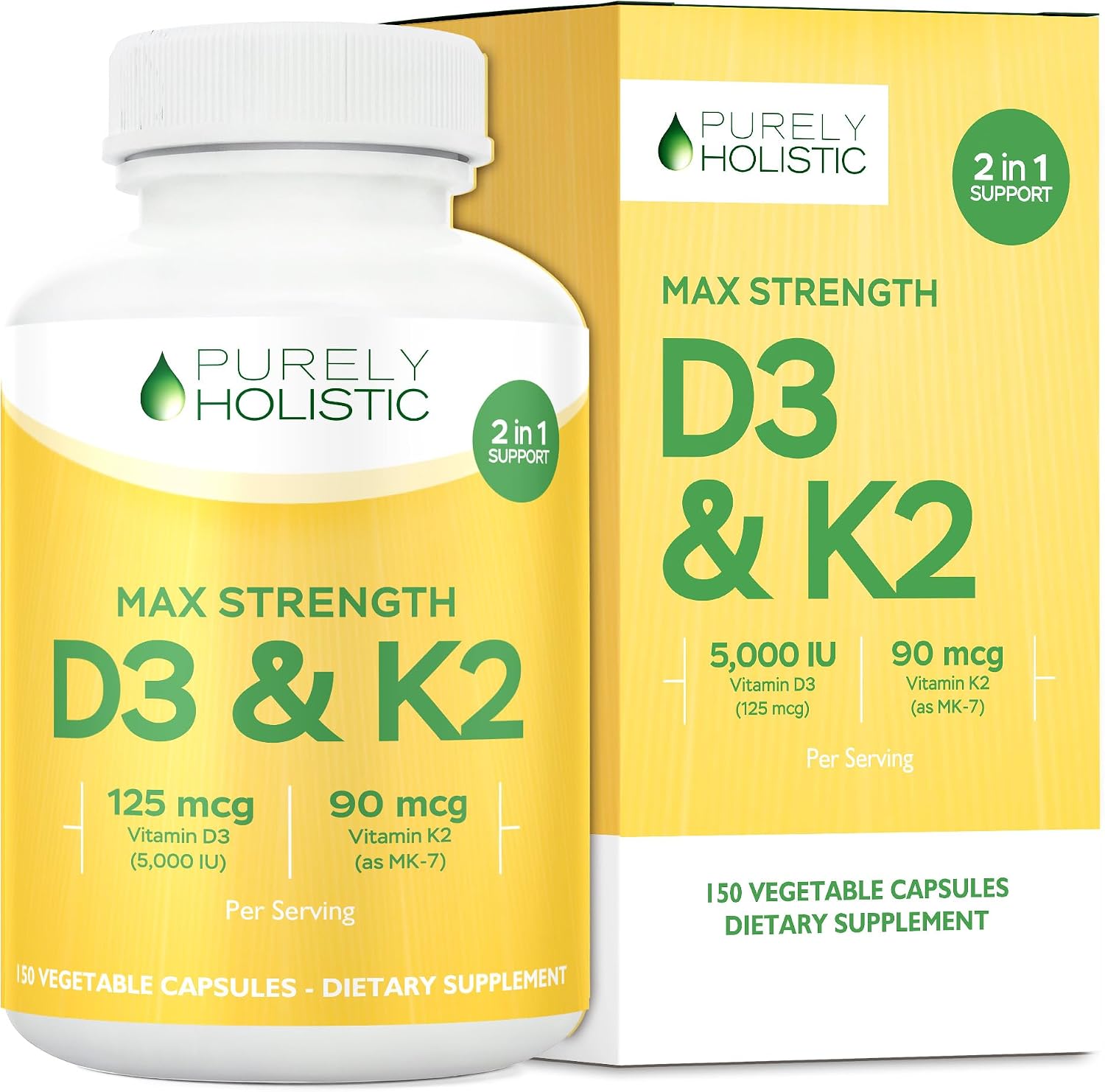 Vitamina D3 y K2, 5000 UI + 90 mcg, 150 Cápsulas