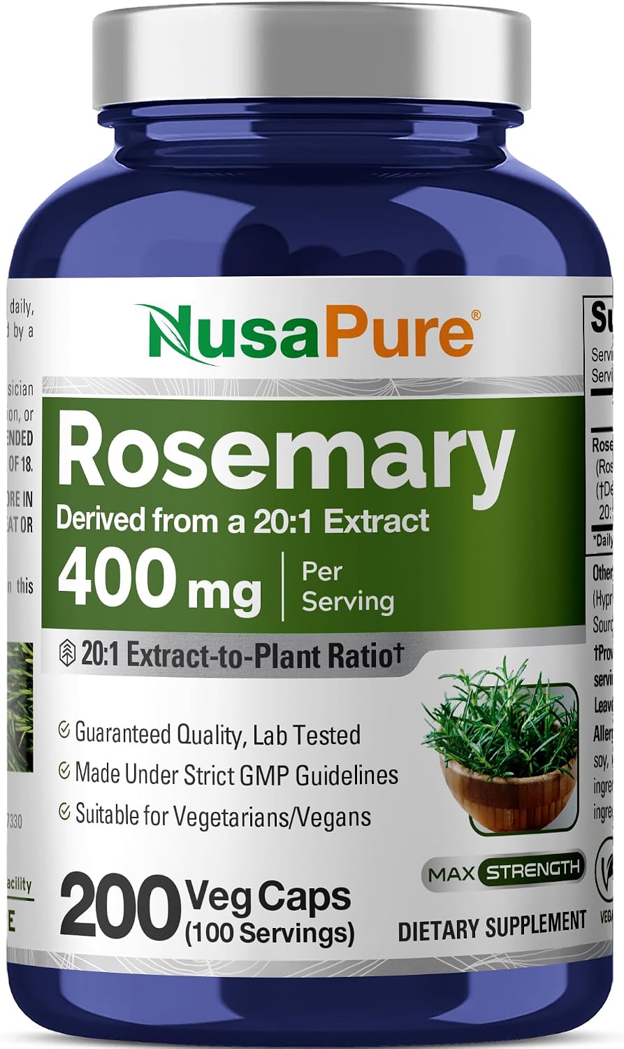 NusaPure Cápsulas de Romero, 400 mg, 200 Cápsulas Vegetales (No Transgénico, Vegano)