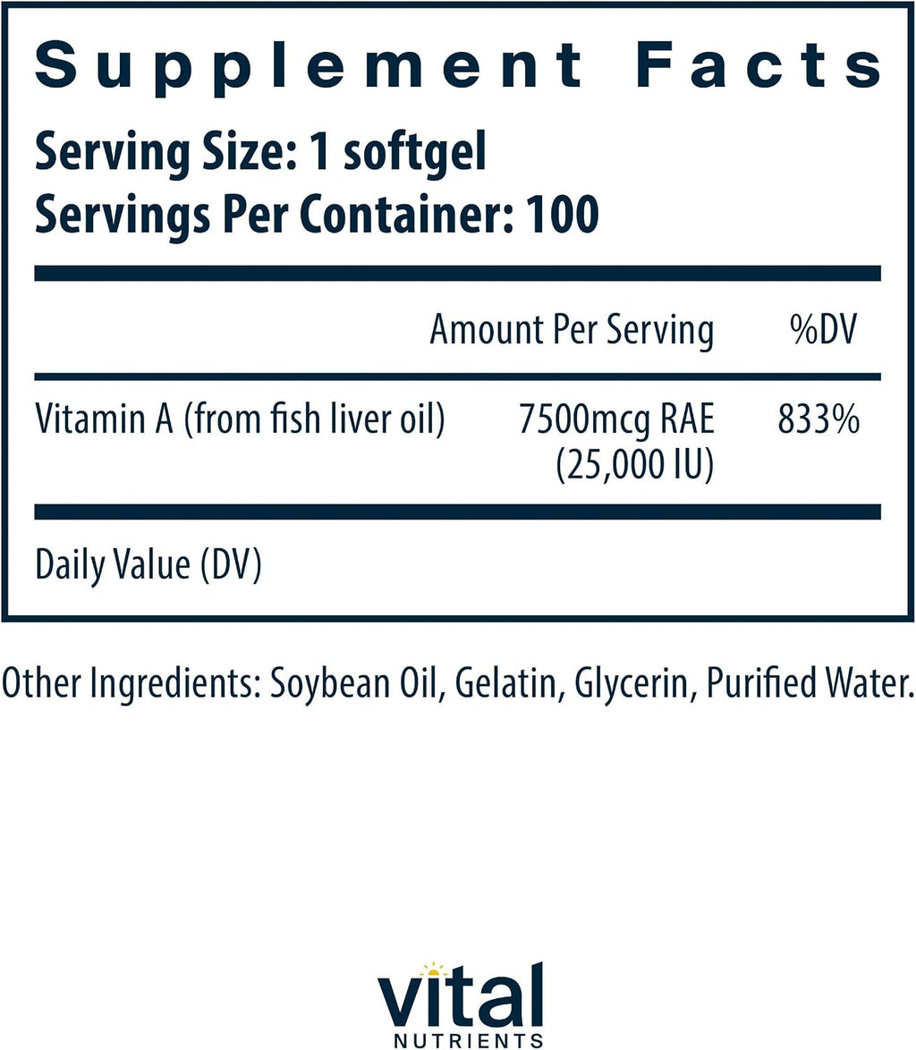 Vital Nutrients Vitamina A 7500mcg RAE - Suplemento de Vitamina A para la Función Inmune, Visión, Piel y Salud Celular - Sin Gluten, Lácteos, Soja - No OGM - 100 Cápsulas