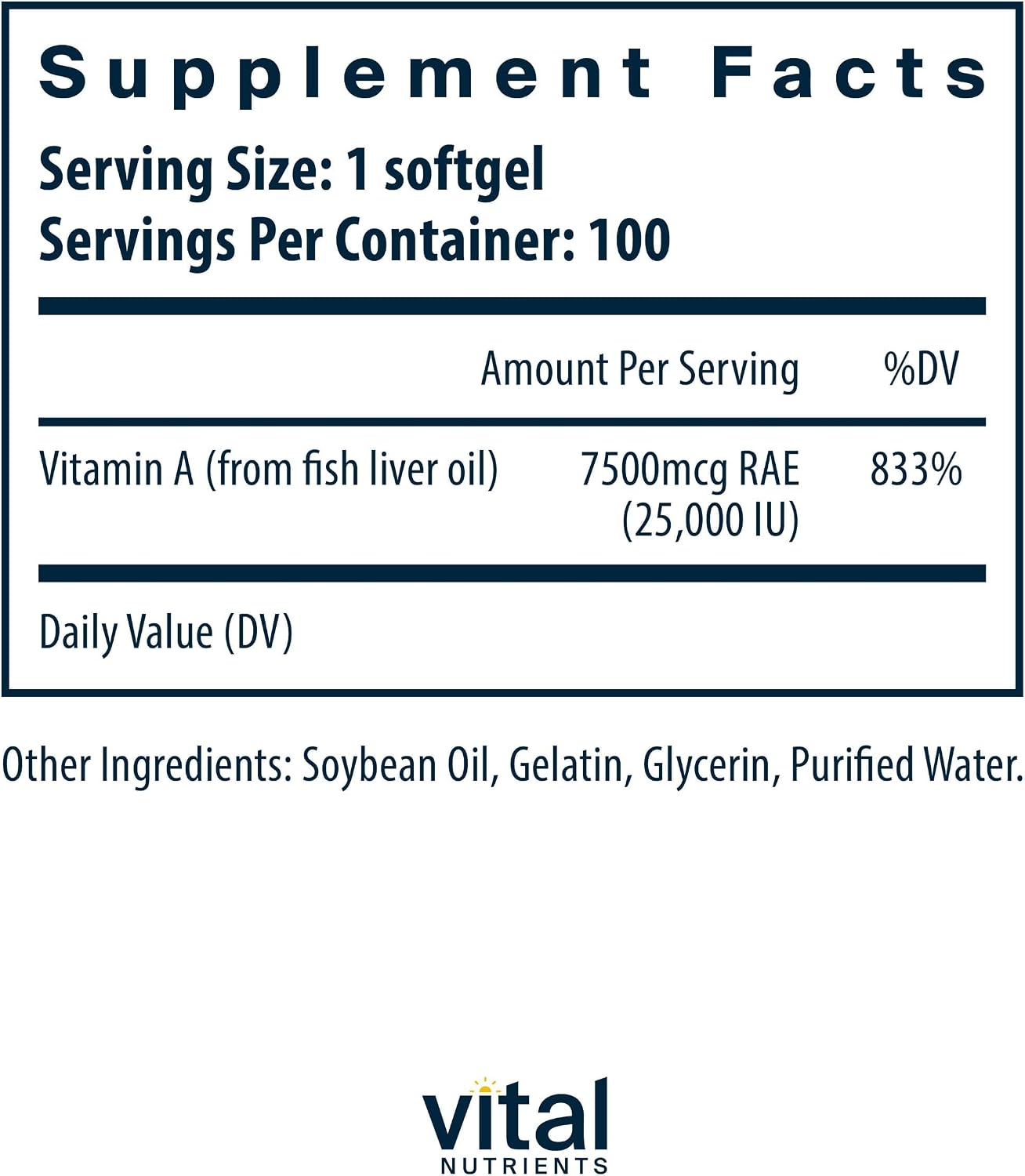 Vital Nutrients Vitamina A 7500mcg RAE - Suplemento de Vitamina A para la Función Inmune, Visión, Piel y Salud Celular - Sin Gluten, Lácteos, Soja - No OGM - 100 Cápsulas