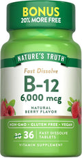 Nature's Truth Vitamina B12 6000 mcg Metilcobalamina | 36 Tabletas | Disolución Rápida Sabor Bayas | Vegano, Sin Gluten y No OGM