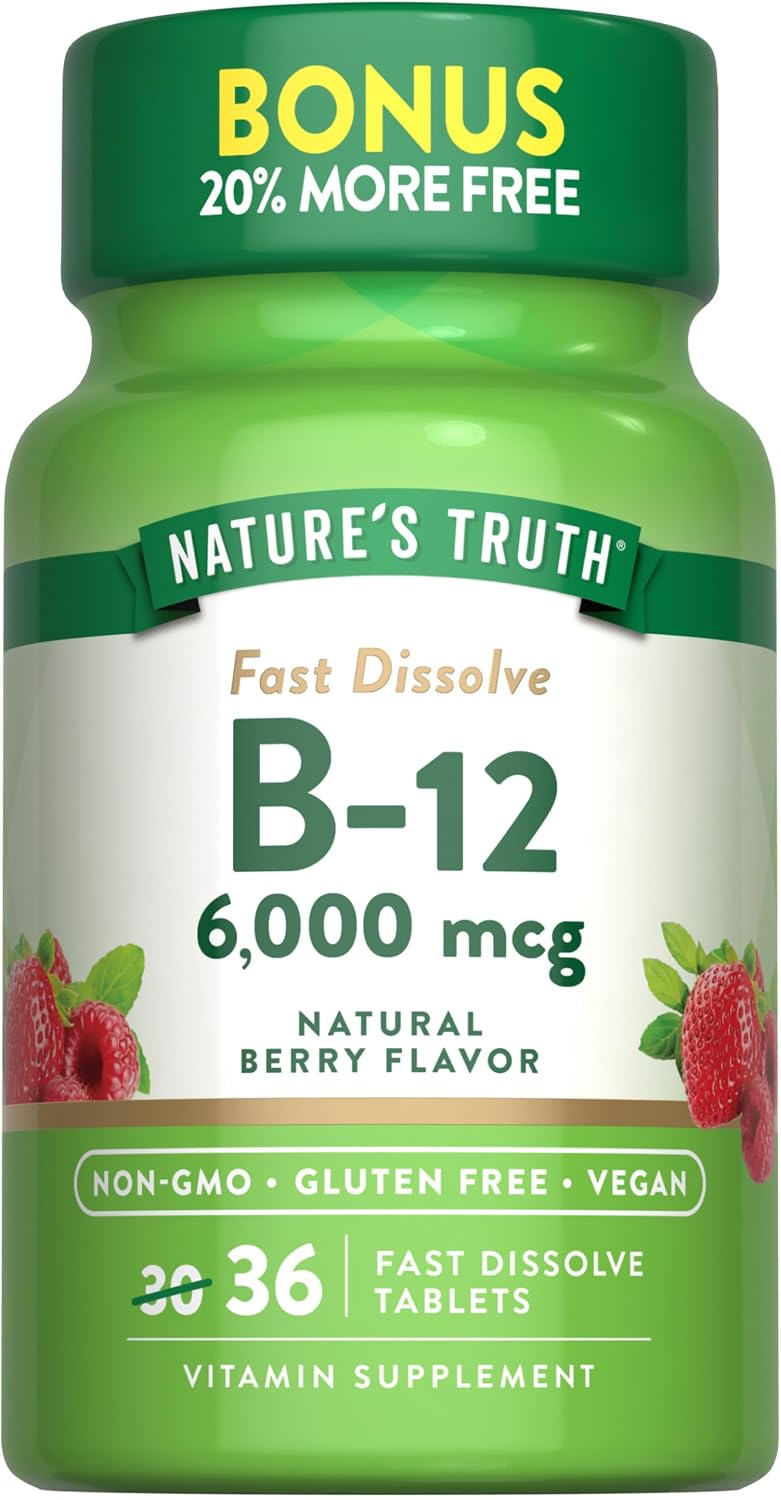 Nature's Truth Vitamina B12 6000 mcg Metilcobalamina | 36 Tabletas | Disolución Rápida Sabor Bayas | Vegano, Sin Gluten y No OGM
