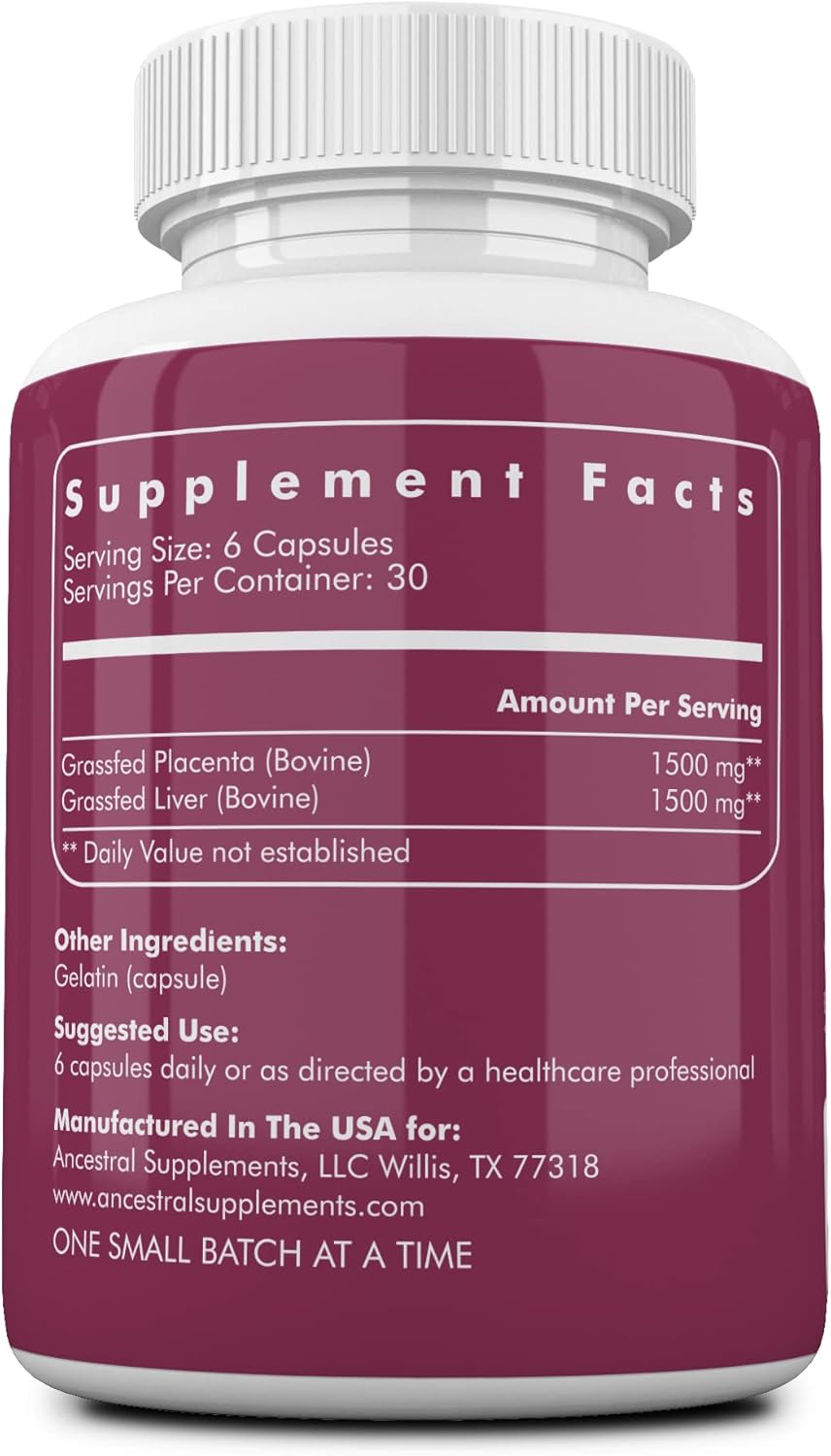 Ancestral Supplements Placenta e Hígado de Vaca Alimentada con Pasto – 180 Cápsulas