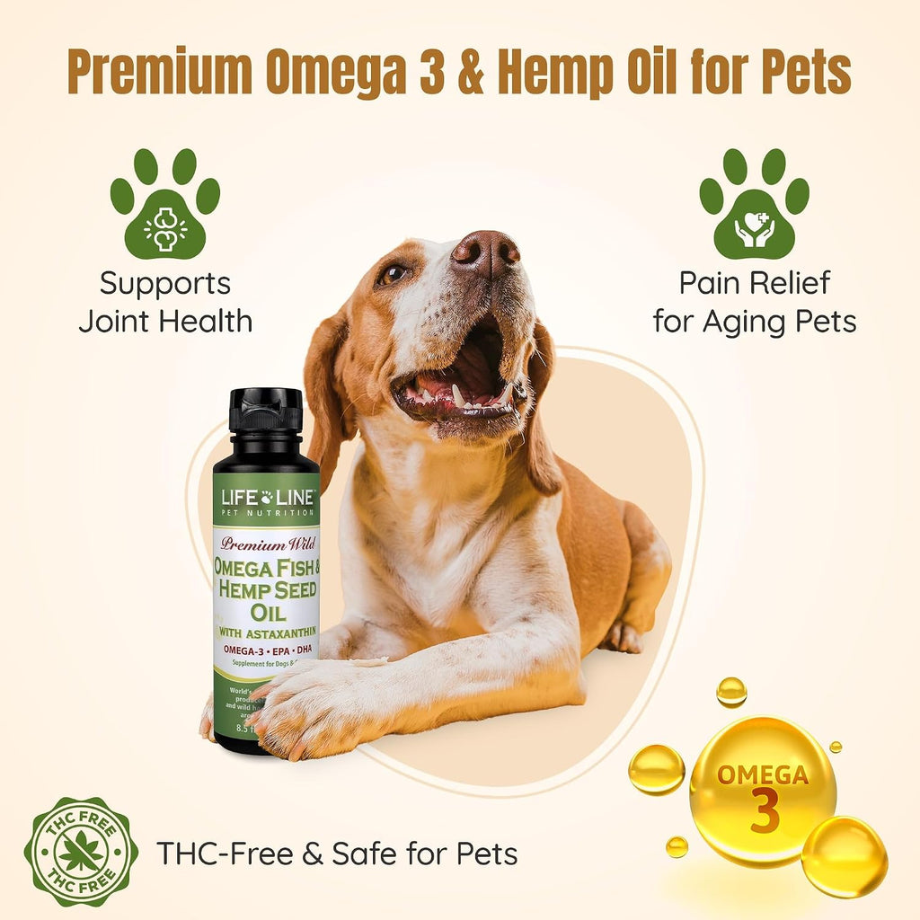 Lifeline Aceite Premium Omega 3 de Pescado y Cáñamo para Perros y Gatos | Apoyo para Piel, Pelaje y Articulaciones | Suplemento Calmante con Astaxantina – 8.5 oz