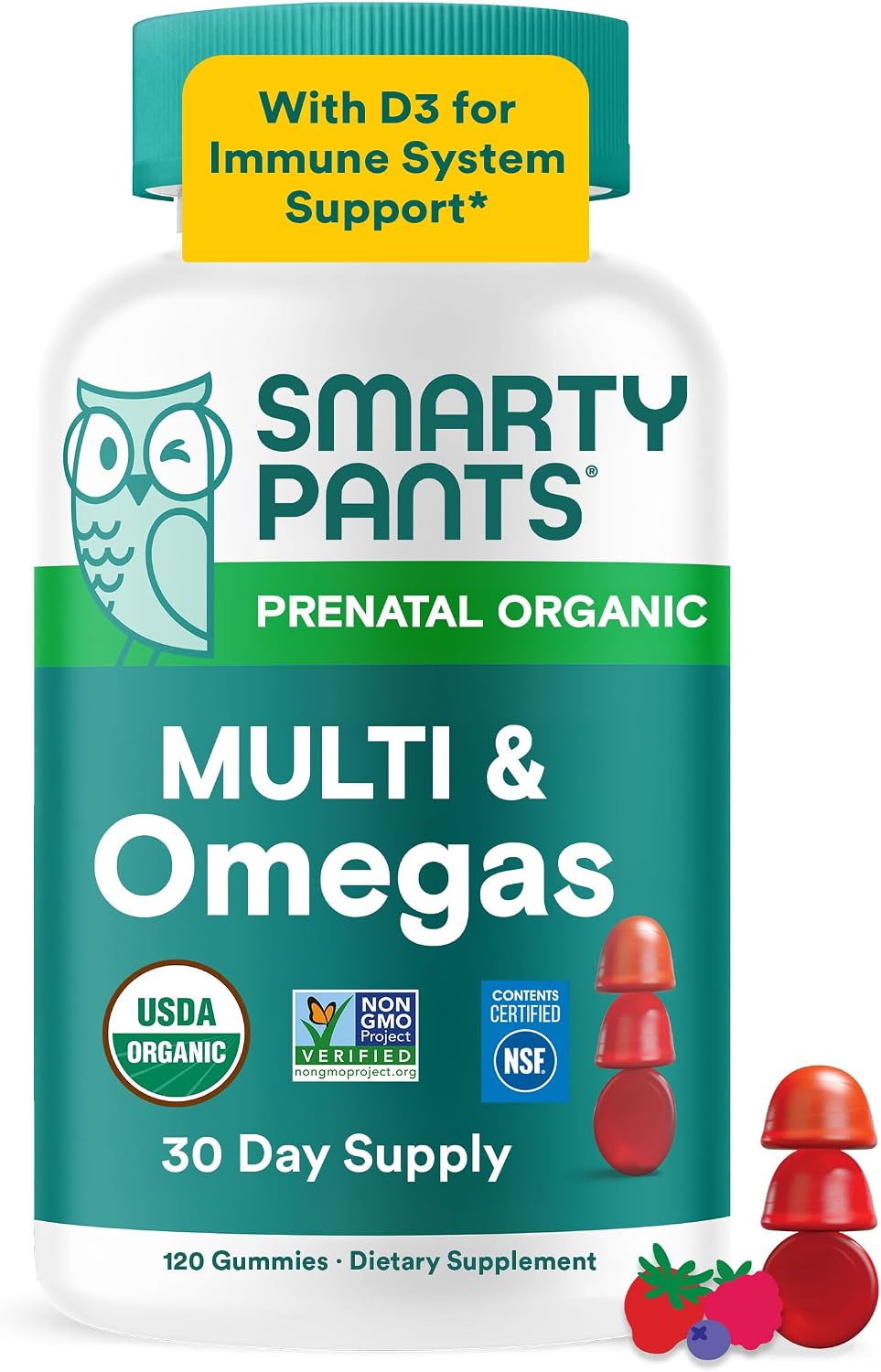 SmartyPants Vitaminas Prenatales Orgánicas para Mujeres, Gominolas Multivitamínicas: Biotina, Metilfolato, Omega 3 (ALA), Vitamina D3, C, Vitamina B12, B6, A, K2 y Zinc, Colina, Vegetariano, 120 unidades (Suministro para 30 días)