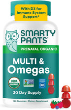 SmartyPants Vitaminas Prenatales Orgánicas para Mujeres, Gominolas Multivitamínicas: Biotina, Metilfolato, Omega 3 (ALA), Vitamina D3, C, Vitamina B12, B6, A, K2 y Zinc, Colina, Vegetariano, 120 unidades (Suministro para 30 días)