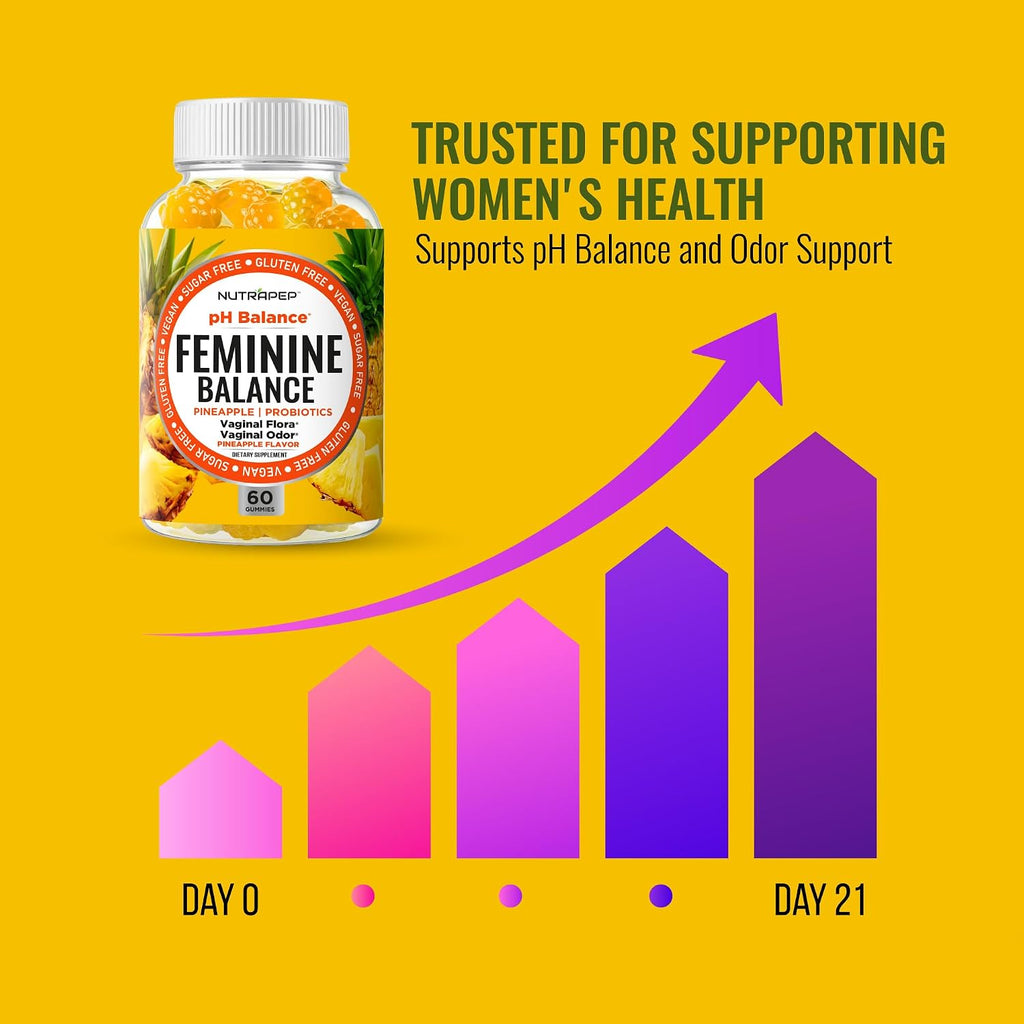 NutraPep Feminine Balance Probiotics Gummies para Mujeres - Salud Vaginal y Equilibrio del pH - Suplemento Natural con Arándano y Piña - Sin Azúcar, Sin Gluten, Vegano