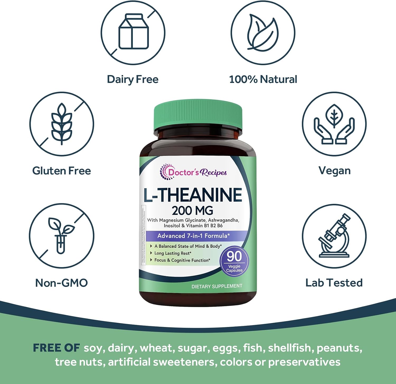 Doctor's Recipes L-Theanine 200 mg con Magnesio Glicinato, Ashwagandha, Inositol y Vitaminas B - 90 Cápsulas